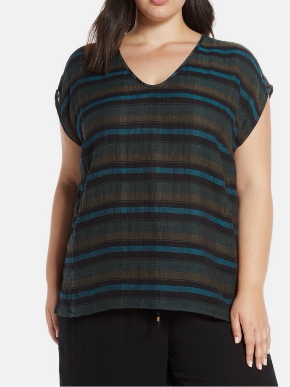 Nwt EILEEN FISHER BLACK GREEN Nori ORGANIC GAUZE COTTON TOP BLOUSE Sz PM